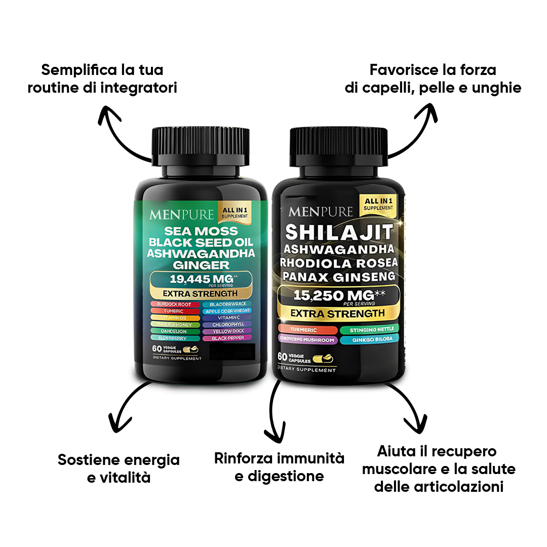 Scopri il pacchetto di capsule Menpure Sea Moss & Shilajit, la tua formula quotidiana tutto in uno per il benessere